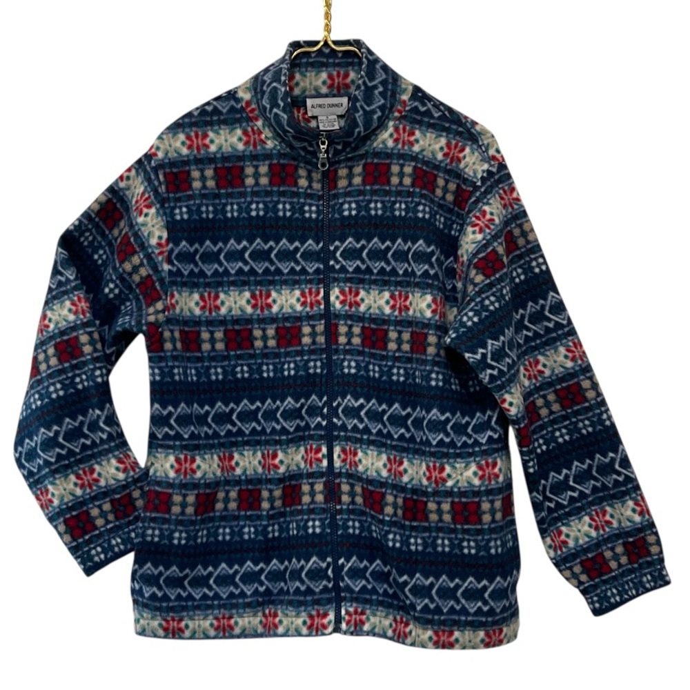 Fair Isle Nordic Fleece Zip Jacket Alfred Dunner Blue Red Winter Print Small